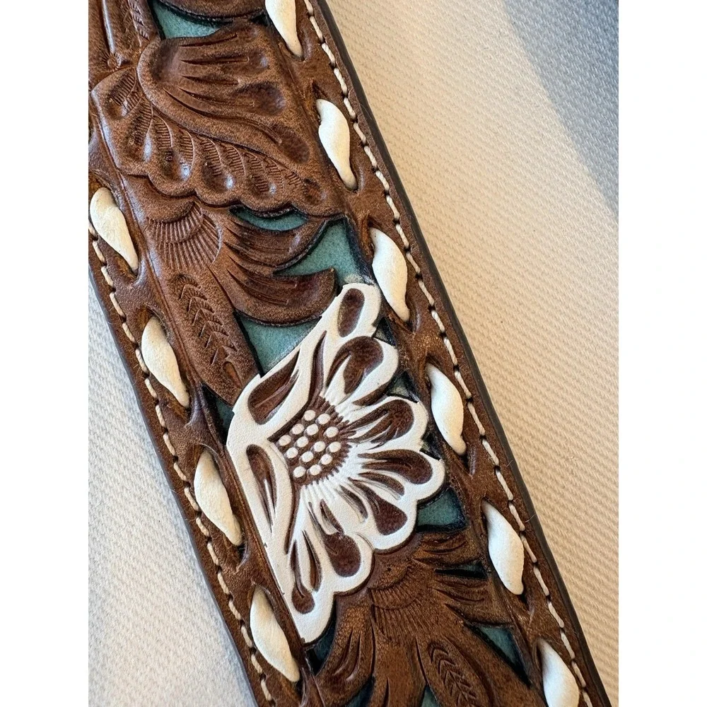 NWT Nocona XL Tooled Leather Western Belt Floral Turquoise Inlay 1.5